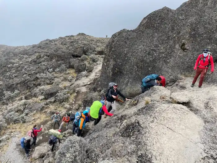 Group trekking Barranco Wall during 7-Day Kilimanjaro Group Join Trek - Machame Route