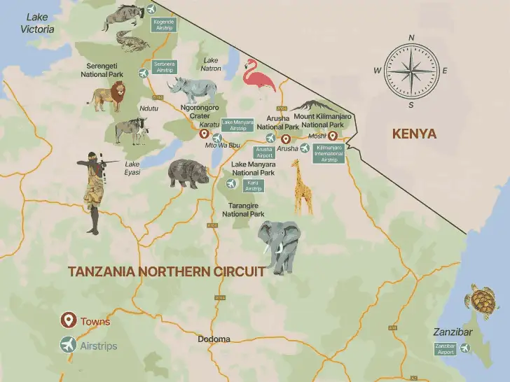 A northern circuit map during Best Tanzania Safari Tour - 8 Days