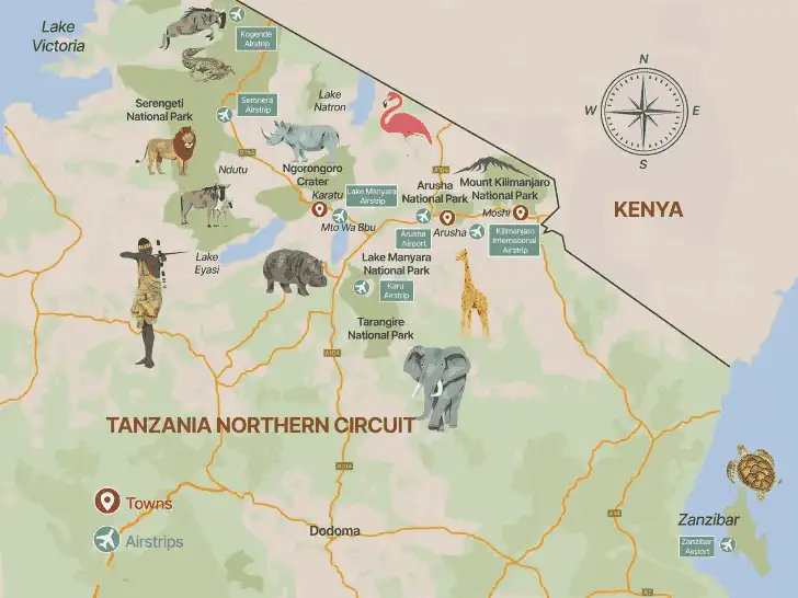 A northern circuit Map for Family Safari Holiday in Tanzania - 7 Days