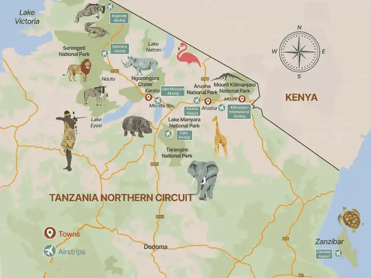 A map for Private Guided Tanzania Safari - 6 Days