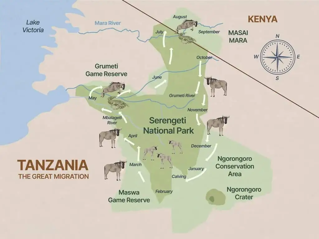 A map of Serengeti Calving Season Migration Safari - 5 Days