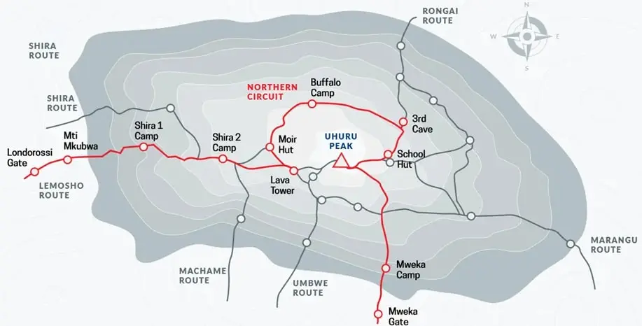 Mount Kilimanjaro via Northern circuit Route Map