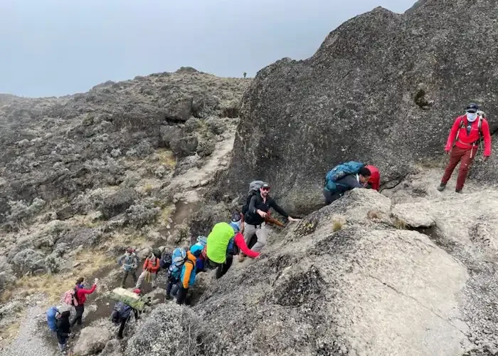 Group trekking Barranco Wall during 7-Day Kilimanjaro Group Join Trek - Machame Route