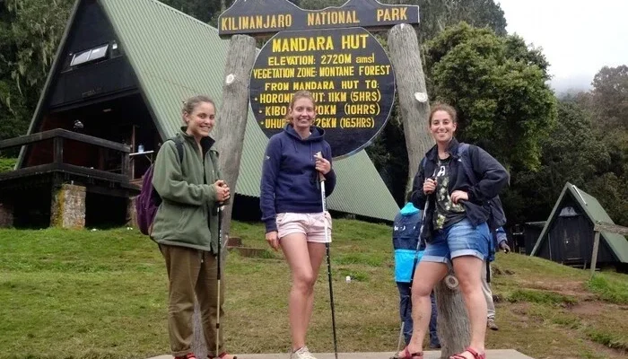 Girls posing at Mandara Hut on the Kilimanjaro day hike via the Marangu Route