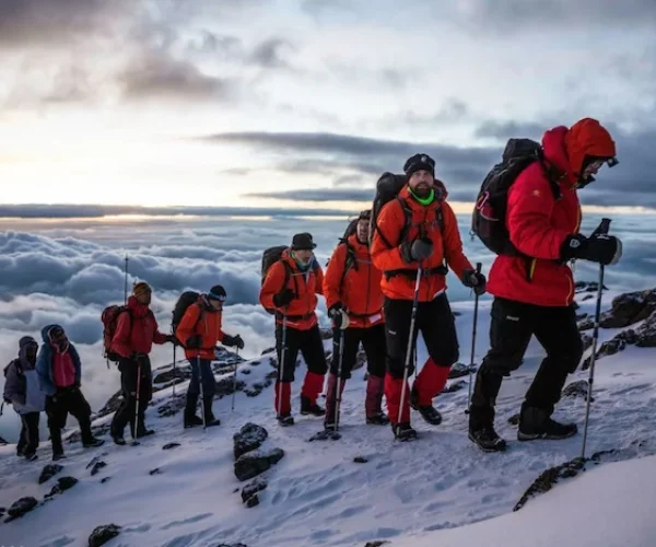 Group of climbers ascending to Mount Kilimanjaro summit on machame route