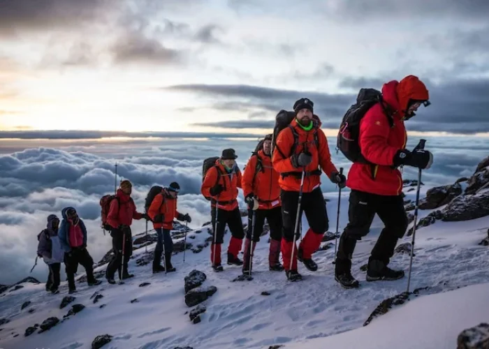 Group of climbers ascending to Mount Kilimanjaro summit on machame route